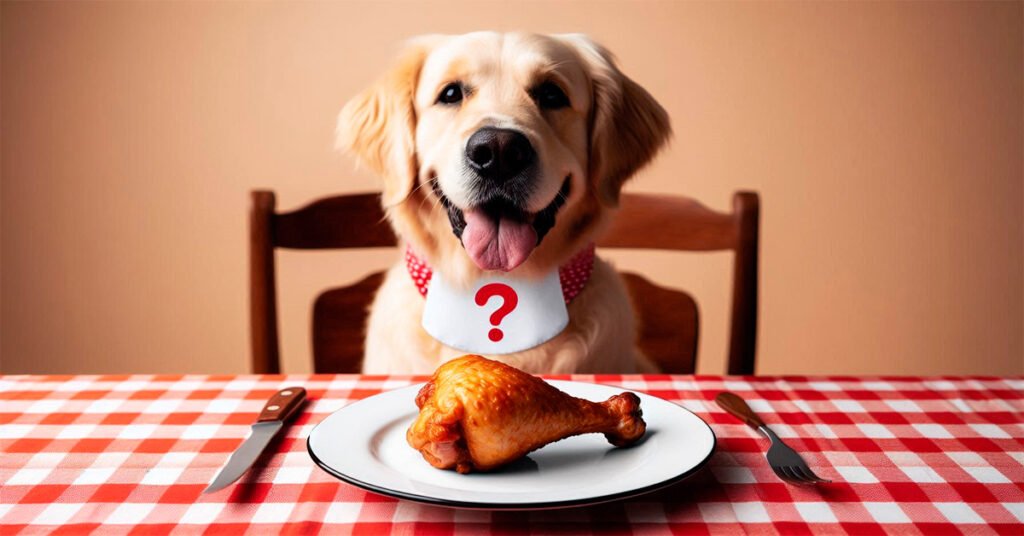 Golden Retriever sitting at a table with a cooked chicken drumstick, illustrating the question 'Can dogs eat chicken?'