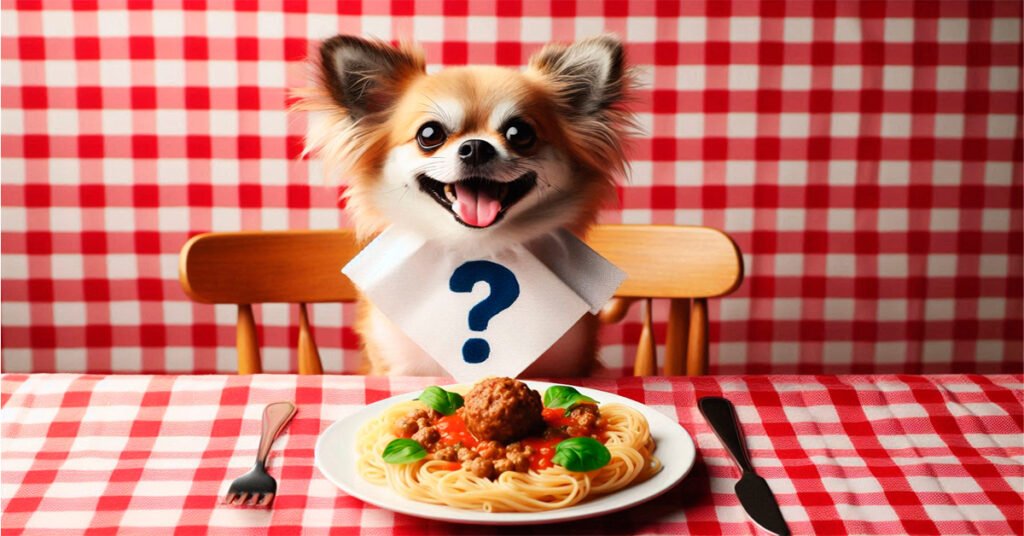 Chihuahua sitting at a table with a pasta dish, illustrating the question 'Can dogs eat pasta?'