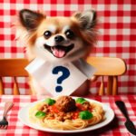 Chihuahua sitting at a table with a pasta dish, illustrating the question 'Can dogs eat pasta?'