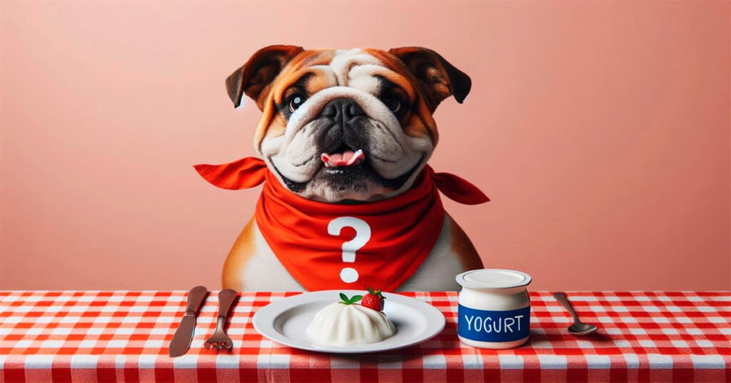 Bulldog sitting at a table with a yogurt, illustrating the question 'Can dogs eat yogurt?'