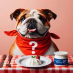 Bulldog sitting at a table with a yogurt, illustrating the question 'Can dogs eat yogurt?'